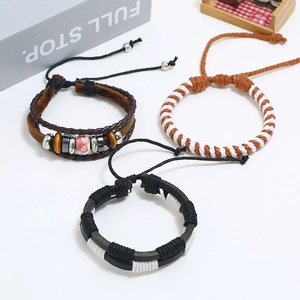Three-piece punk beaded leather bracelet set with vintage woven hemp rope and adjustable knots