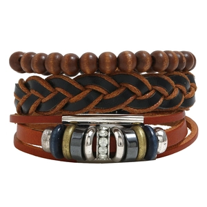 Men's Vintage Multilayer Braided Cowhide Leather Bracelet Set With Wood Beads And Alloy Rhinestone Accents Bohemian Brown Cuff Bracelet