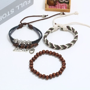 Three-piece vintage multilayer leather and wood bead bracelet set with heart love pendant