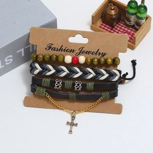 Men's vintage multi-layer braided leather bracelet set with cross charm and wooden beads