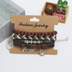 Vintage 4-piece set of leather bracelets with wooden beads and Love heart charm