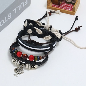 Handmade multilayer leather bracelet set with beads and Tree of Life pendant for men