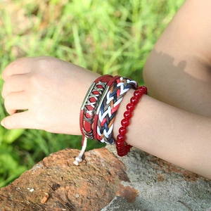 Three-piece bohemian vintage leather rope wrap bracelet set with red beads for women
