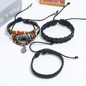 Three-piece bohemian beaded wood and vintage woven leather bracelet set for men and women