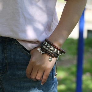 Bohemian multi-layer braided leather bracelet set with wood beads and Love heart charms
