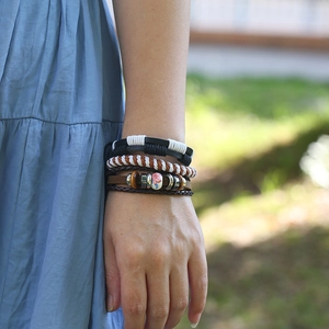 Men's retro layered leather bracelet set with woven ropes and maple leaf ceramic bead