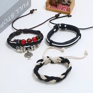 Three-piece punk beaded leather bracelet set with tree of life pendant and woven rope