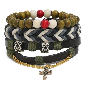Vintage Bohemian Leather Bracelet For Men Cowhide Braided Rope Wood Beads Cross Pendant Adjustable Retro Punk Jewelry Collection