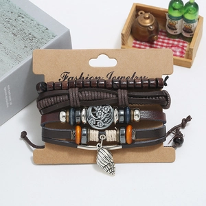 Bohemian multi-layer braided leather bracelet set with wood beads and conch charm