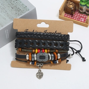 Vintage 4-piece set of woven leather beaded bracelets with leaf pendant in black and brown