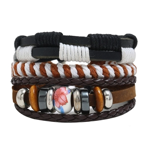 Retro multi-layer leather bracelet set with ethnic beads and braided ropes for men