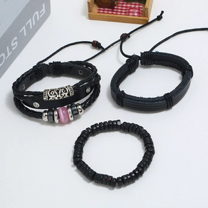 Three-piece punk vintage braided leather bracelet set with beads and metal accents