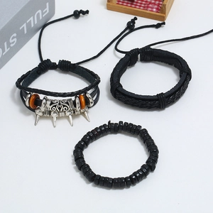 Three-piece punk beaded leather bracelet set with retro braided cords and charms