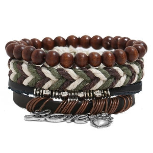 Vintage Braided Leather Bracelet Bohemian Wood Bead Adjustable Hemp Rope Love Heart Pendant Jewelry For Men Women Daily Accessory