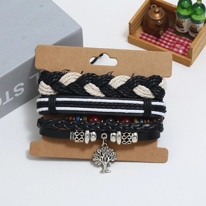 Multilayer braided leather bracelet set with tree of life pendant and metal beads