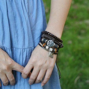 Multilayer braided leather bracelet set with wooden beads and vintage shell charm