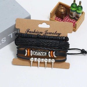 Retro multi-layer punk leather bracelet set with wooden beads and silver spike charm