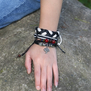 Retro multi-layer woven leather bracelet set with beaded Tree of Life pendant charm