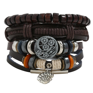 Vintage Multi Layer Woven Leather Bracelet Set For Men Bohemian Wood Beads Alloy Shell Charm Brown Wristband Retro Jewelry Gift