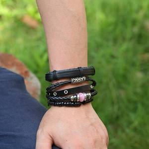 Men's punk vintage multilayer leather bracelet set with woven straps and metal accents