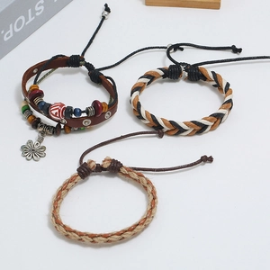 Three-piece bohemian set: beaded leather bracelet and woven rope wristbands for men
