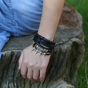 Three-piece punk braided leather bracelet set with silver metal spikes and black beads