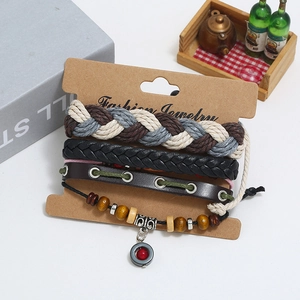 Men's bohemian multilayer leather bracelet set with wooden beads and woven rope