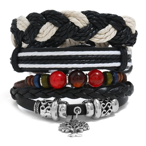Punk Retro Cowhide Leather Beaded Bracelet Tree Of Life Charm Multilayer Woven Jewelry For Men Women Adjustable Hemp Rope