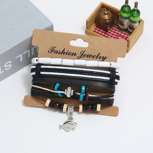 Handmade multilayer leather bracelet set with wooden beads and fish pendant
