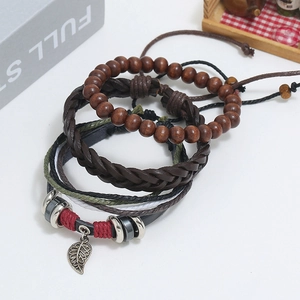 Handmade multilayer leather bracelet set with wooden beads and vintage leaf pendant charm