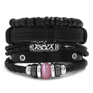 Punk Vintage Braided Leather Bracelet For Men Women Multi-layer Beaded Cord Bracelet With Alloy Charms And Wood Beads