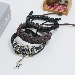Handmade multilayer leather bracelet set with brown braided rope and fishbone pendant
