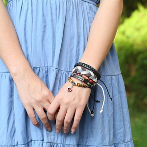 Multilayer bohemian handmade leather bracelet set with wooden beads and metal charms