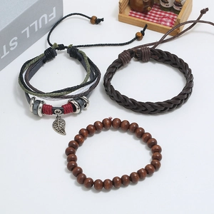 Men's bohemian 3-piece set featuring leather braid, wooden beads, and leaf charm