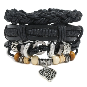 Vintage Herren Mehrlagiges Geflochtenes Lederarmband Set Mit Blatt Anhänger Holzperlen Handgefertigt Punk Wickelarmband Schmuck