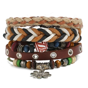Vintage Multilayer Cowhide Leather Bracelet Handmade Braided Wax Cord Hemp Rope Wood Bead Alloy Charm Punk Men Jewelry