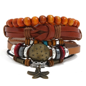 Retro Bohemian Herren Mehrlagiges Lederarmband Set Mit Holzperlen Seestern Anhänger Gewebte Kordel Verstellbarer Schmuck Geschenk