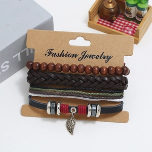 Multilayer leather bracelet set with wooden beads and leaf pendant on display card