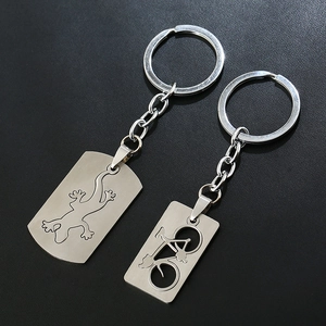 Brushed stainless steel keychain set with cutout bicycle and gecko lizard pendant designs