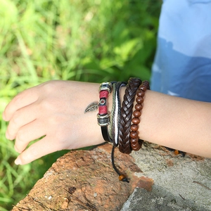 Men's multilayer leather bracelet set with wooden beads and metal leaf charm