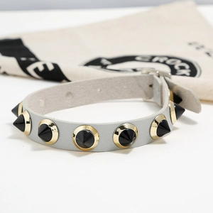 Grey punk leather choker with black spiked studs and gold metal buckle on white background