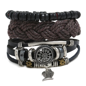 Vintage Men Multilayer Leather Bracelet Set Handwoven Cowhide Hemp Rope Wood Beads Alloy Fishbone Pendant Punk Jewelry
