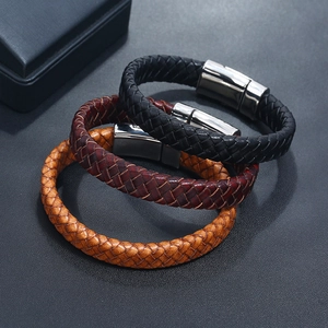 Three men's braided leather bracelets with polished stainless steel magnetic clasps