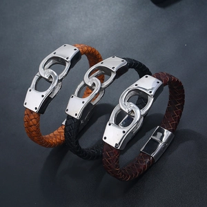 Men's braided leather bracelets with industrial style metal handcuff clasps in three colors