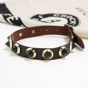 Close-up of punk leather collar featuring gold metal bases and black cone spikes rivets