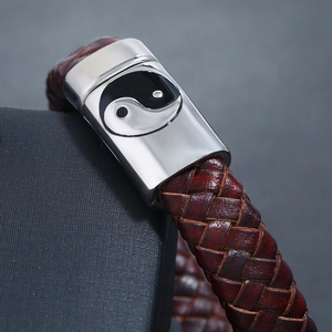 Braided dark red leather bracelet with stainless steel magnetic buckle and Tai Chi symbol