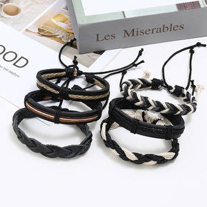Set of six vintage braided leather bracelets for men with adjustable woven cord designs