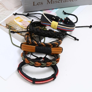 Ensemble de 6 bracelets en cuir tressé faits à la main style punk rétro avec cordons