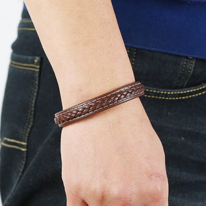 Handmade multilayer dark brown braided leather bracelet for men with white contrast stitching