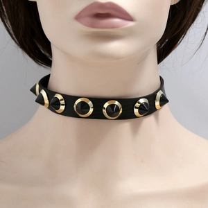 Punk black leather choker with large black cone spikes and gold metal bases